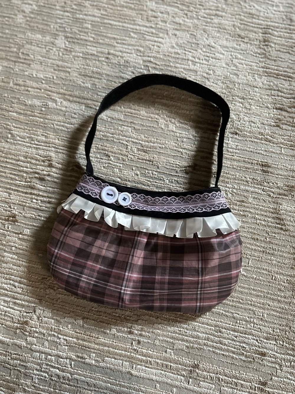 Plaid Ruffle Shoulder Bag in Mauve and Black